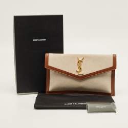 Pre Owned Saint Laurent Brown/Beige Canvas ad Leather Uptown Pouch