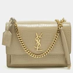 Pre Owned Saint Laurent Beige Croc Embossed Leather Medium Sunset Shoulder Bag