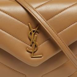 Pre Owned Saint Laurent Dark Beige Matelassé Leather Toy Loulou Crossbody Bag