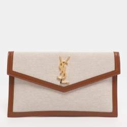 Pre Owned Saint Laurent Beige/Tan Canvas and Leather Uptown Pouch
