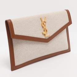 Pre Owned Saint Laurent Beige/Tan Canvas and Leather Uptown Pouch