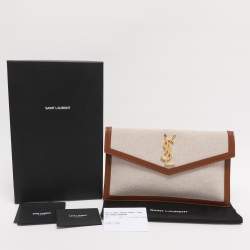 Pre Owned Saint Laurent Beige/Tan Canvas and Leather Uptown Pouch