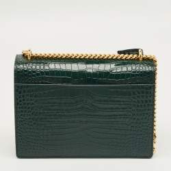 Pre Owned Saint Laurent Green Croc Embossed Leather Medium Sunset Shoulder Bag