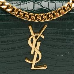 Pre Owned Saint Laurent Green Croc Embossed Leather Medium Sunset Shoulder Bag