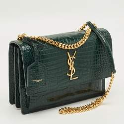 Pre Owned Saint Laurent Green Croc Embossed Leather Medium Sunset Shoulder Bag