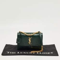 Pre Owned Saint Laurent Green Croc Embossed Leather Medium Sunset Shoulder Bag
