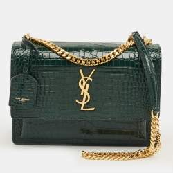 Pre Owned Saint Laurent Green Croc Embossed Leather Medium Sunset Shoulder Bag