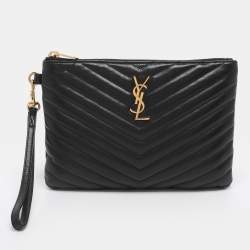 Pre Owned Saint Laurent Black Matelassé Leather Monogram Wristlet Pouch