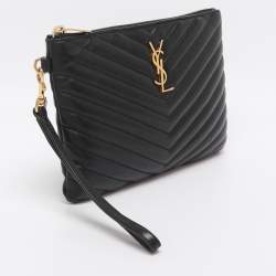 Pre Owned Saint Laurent Black Matelassé Leather Monogram Wristlet Pouch