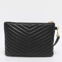 Pre Owned Saint Laurent Black Matelassé Leather Monogram Wristlet Pouch