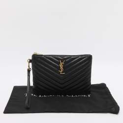 Pre Owned Saint Laurent Black Matelassé Leather Monogram Wristlet Pouch