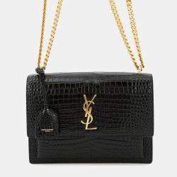 Pre Owned Saint Laurent Paris Sunset Chain shoulder Bag Black Croco Embossed Leather