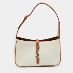 Pre Owned Saint Laurent LE 5 À 7 Tan/Natural Canvas and Leather Shoulder Bag