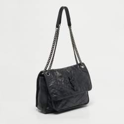 مملوكة مسبقًا حقيبة كتف سان لوران نِكي وسط جلد متموج مجعد أسود