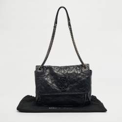 مملوكة مسبقًا حقيبة كتف سان لوران نِكي وسط جلد متموج مجعد أسود