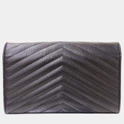 Pre Owned Saint Laurent Shoulder Wallet Grain De Poudre Leather Cassandra Classic Chain Black