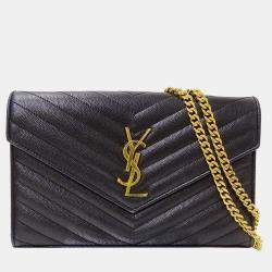 Pre Owned Saint Laurent Shoulder Wallet Grain De Poudre Leather Cassandra Classic Chain Black