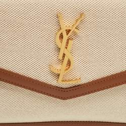 Pre Owned حقيبة كلتش سان لوران أبتاون قماش وبني طبيعي مع جلد