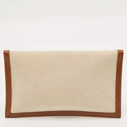 Pre Owned حقيبة كلتش سان لوران أبتاون قماش وبني طبيعي مع جلد