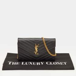 Pre Owned Saint Laurent Monogram Envelope Black Matelasse Leather Wallet On Chain
