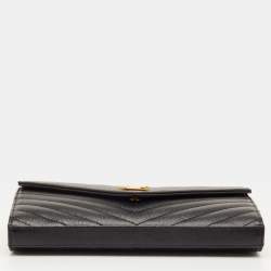 Pre Owned Saint Laurent Monogram Envelope Black Matelasse Leather Wallet On Chain