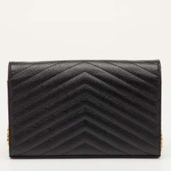 Pre Owned Saint Laurent Monogram Envelope Black Matelasse Leather Wallet On Chain