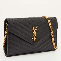Pre Owned Saint Laurent Monogram Envelope Black Matelasse Leather Wallet On Chain