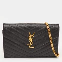 Pre Owned Saint Laurent Monogram Envelope Black Matelasse Leather Wallet On Chain