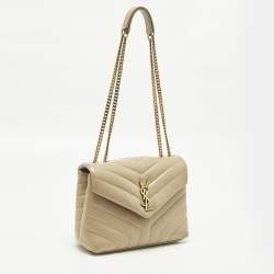 Pre Owned Saint Laurent Loulou Small Beige Matelassé Leather Shoulder Bag