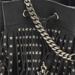 Pre Owned Saint Laurent Emmanuelle Studded Fringe Black Leather Bucket Bag