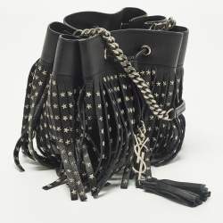 Pre Owned Saint Laurent Emmanuelle Studded Fringe Black Leather Bucket Bag