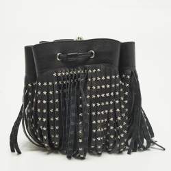 Pre Owned Saint Laurent Emmanuelle Studded Fringe Black Leather Bucket Bag