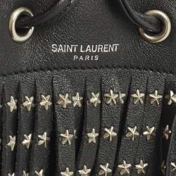 Pre Owned Saint Laurent Emmanuelle Studded Fringe Black Leather Bucket Bag