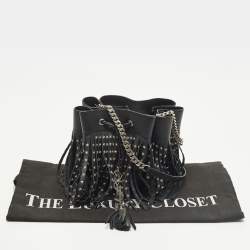 Pre Owned Saint Laurent Emmanuelle Studded Fringe Black Leather Bucket Bag