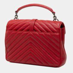 Pre Owned Saint Laurent Paris Red Medium Quilted Chevron Sheepskin College Satchel