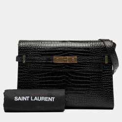 Pre Owned حقيبة كتف سان لوران باريس مانهاتن متوسطة سوداء لامعة بنقشة جلد التمساح