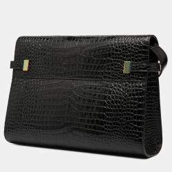 Pre Owned حقيبة كتف سان لوران باريس مانهاتن متوسطة سوداء لامعة بنقشة جلد التمساح