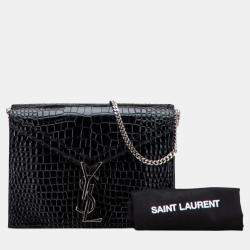 Pre Owned Saint Laurent Paris Black Croc Embossed Leather Monogram Cassandra Clasp Bag