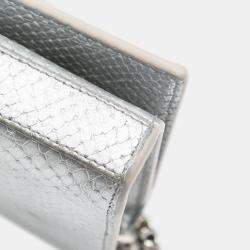 Pre Owned Saint Laurent Paris Silver Metallic Python Embossed Leather Monogram Kate Wallet on Chain