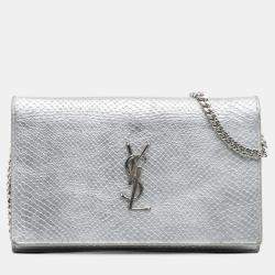 Pre Owned Saint Laurent Paris Silver Metallic Python Embossed Leather Monogram Kate Wallet on Chain