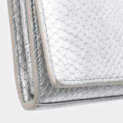 Pre Owned Saint Laurent Paris Silver Metallic Python Embossed Leather Monogram Kate Wallet on Chain