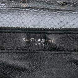 Pre Owned Saint Laurent Paris Silver Metallic Python Embossed Leather Monogram Kate Wallet on Chain