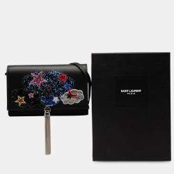 Pre Owned محفظة سان لوران باريس كيت مونوغرام كلاسيك تاسيل بالسلسلة جلد عجل أسود سحابة نجمة أبليك