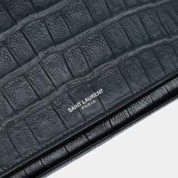Pre Owned Saint Laurent Paris Black Croc Embossed Leather Wallet On Chain