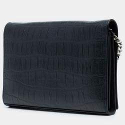 Pre Owned Saint Laurent Paris Black Croc Embossed Leather Wallet On Chain