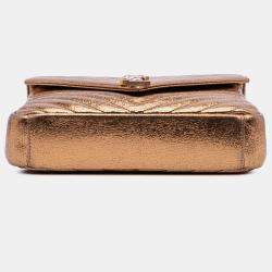 Pre Owned Saint Laurent Paris Brown Medium Metallic Calfskin Chevron Monogram College Bag