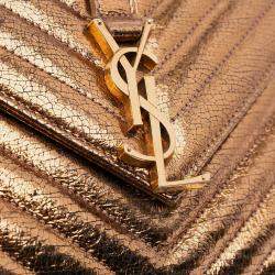 Pre Owned Saint Laurent Paris Brown Medium Metallic Calfskin Chevron Monogram College Bag