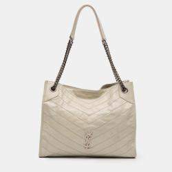 مملوكة مسبقًا Saint Laurent Paris White Medium Crinkled Calfskin Monogram Niki Shopper Tote