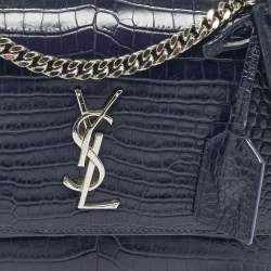 مملوكة مسبقًا Saint Laurent Sunset Medium Navy Blue Croc Embossed Leather Shoulder Bag