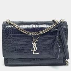 مملوكة مسبقًا Saint Laurent Sunset Medium Navy Blue Croc Embossed Leather Shoulder Bag